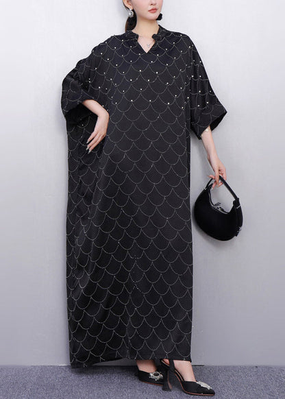 Boho Black Oversized Rhinestone Silk Maxi Dresses Summer