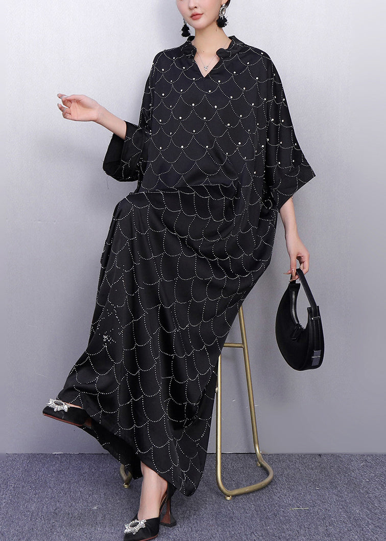Boho Black Oversized Rhinestone Silk Maxi Dresses Summer