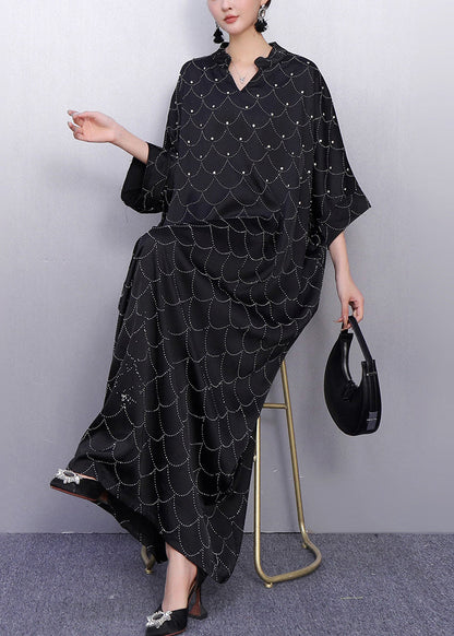 Boho Black Oversized Rhinestone Silk Maxi Dresses Summer