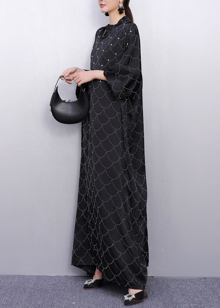 Boho Black Oversized Rhinestone Silk Maxi Dresses Summer