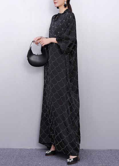 Boho Black Oversized Rhinestone Silk Maxi Dresses Summer