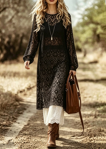 Boho Black Oversized Side Open Lace Two Piece Set Fall