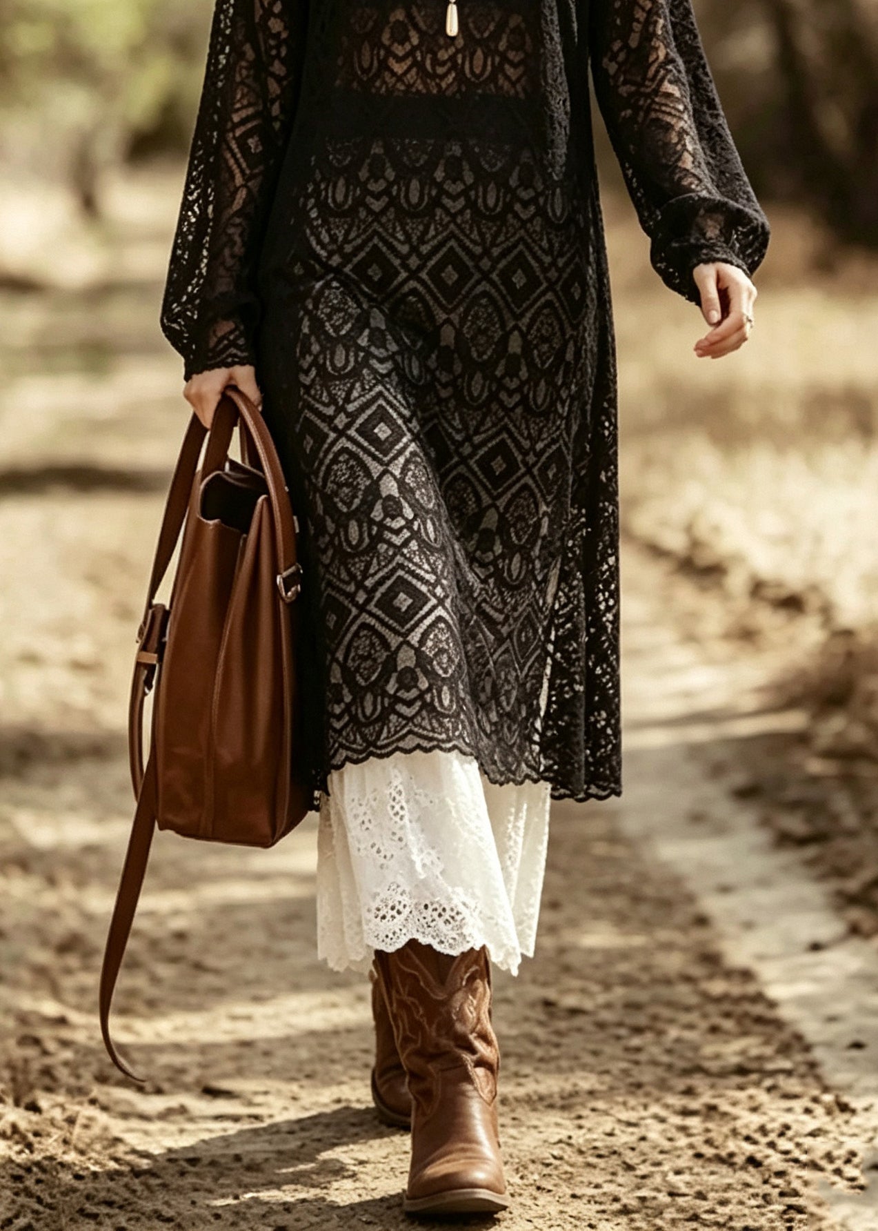 Boho Black Oversized Side Open Lace Two Piece Set Fall