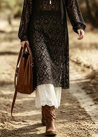 Boho Black Oversized Side Open Lace Two Piece Set Fall