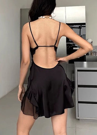 Boho Black Patchwork Ruffled Ice Silk Pajama