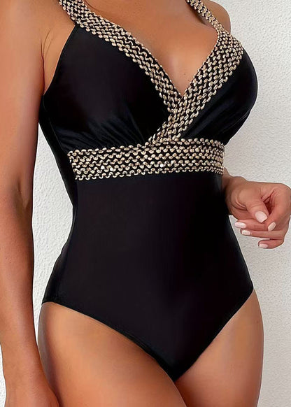 Boho Black Patchwork Silm Fit Swimwear Bodysuit