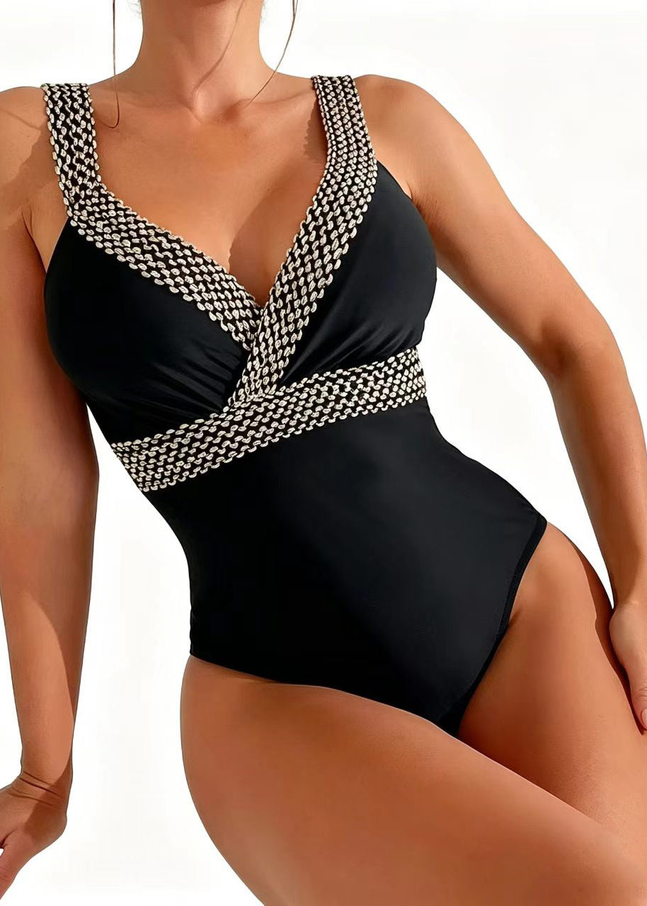 Boho Black Patchwork Silm Fit Swimwear Bodysuit