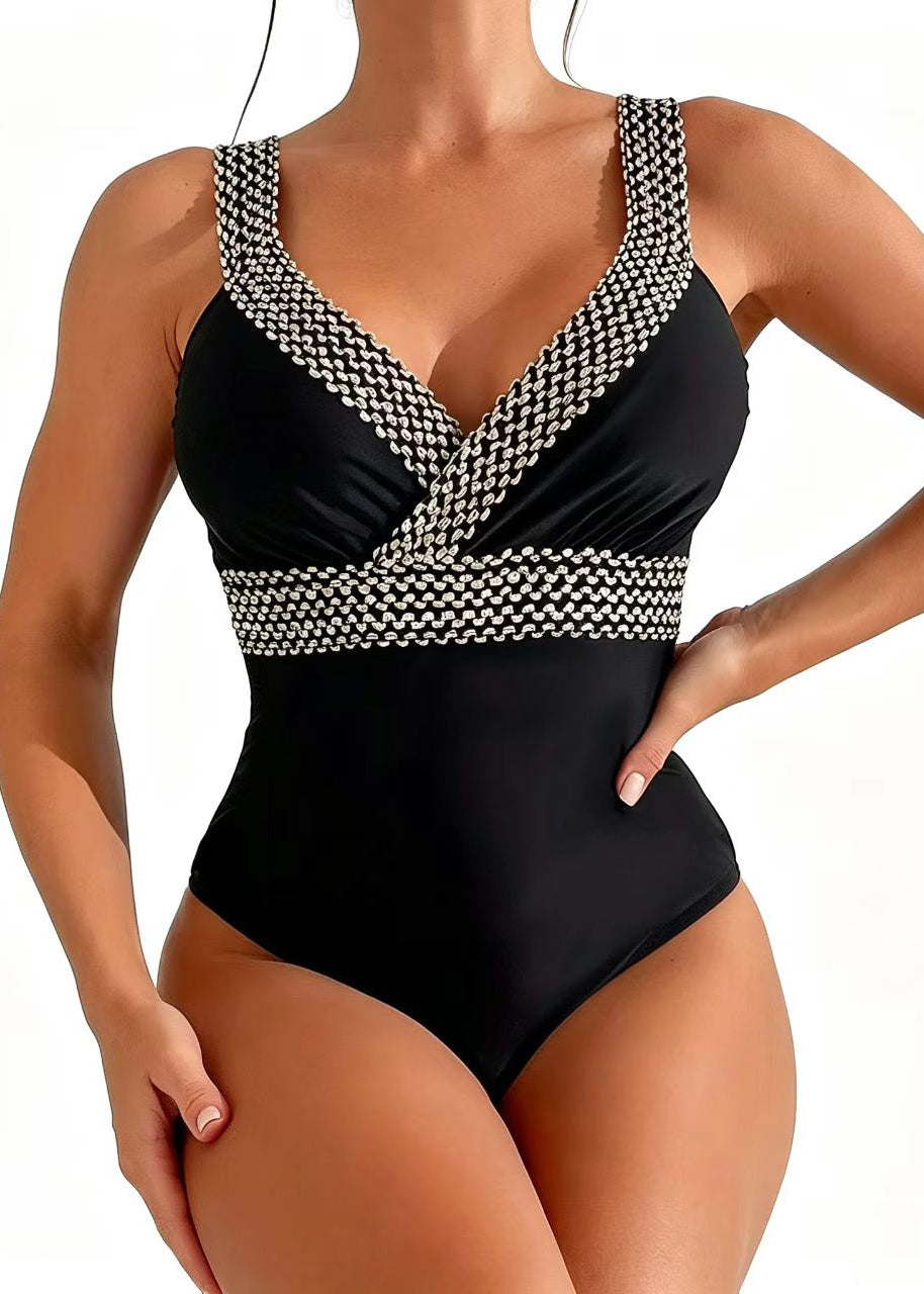 Boho Black Patchwork Silm Fit Swimwear Bodysuit