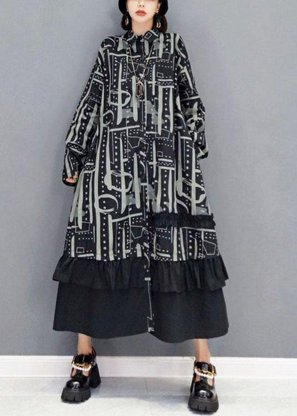 Boho Black Peter Pan Collar Button Print Asymmetrical Design Dress Fall Long Sleeve - SooLinen