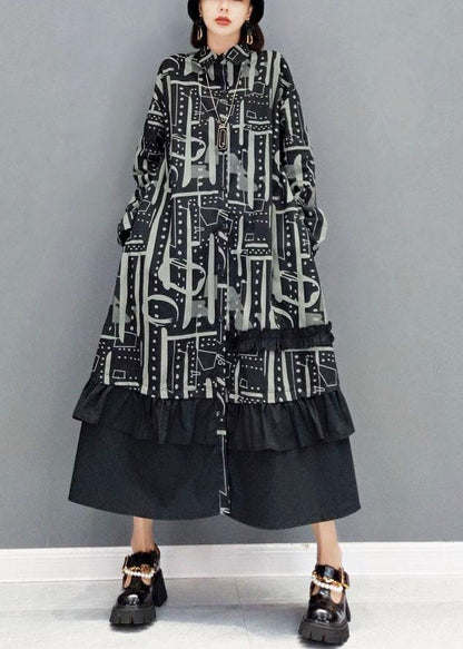 Boho Black Peter Pan Collar Button Print Asymmetrical Design Dress Fall Long Sleeve - SooLinen