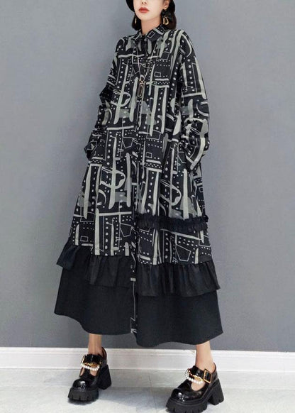 Boho Black Peter Pan Collar Button Print Asymmetrical Design Dress Fall Long Sleeve - SooLinen