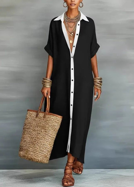 Boho Black Peter Pan Collar Patchwork Holiday Long Shirts Dress Summer