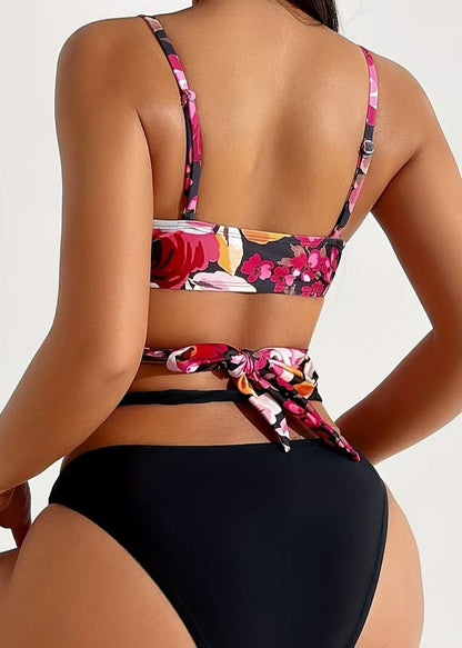 Boho Black Print Cross Strap Swimwear Set