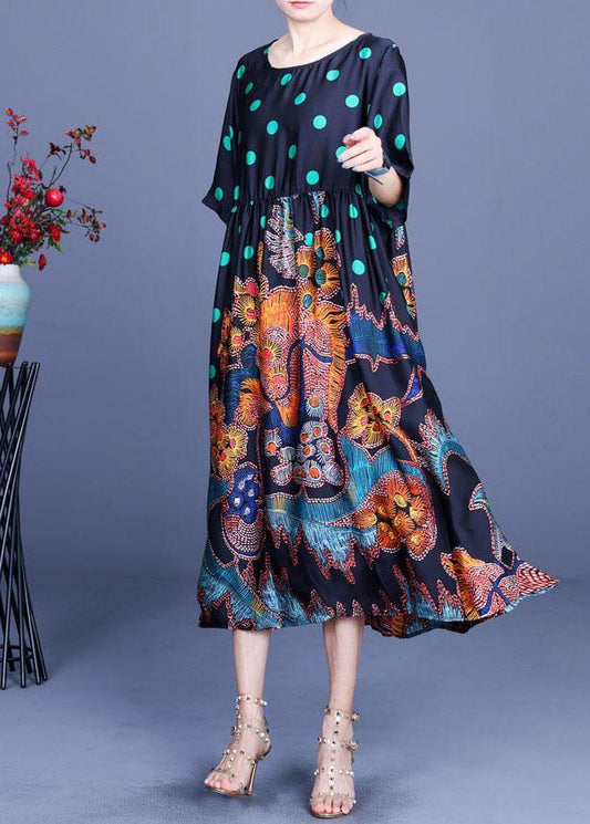 Boho Black Print O-Neck Half Sleeve Silk Vacation Dresses Summer - SooLinen