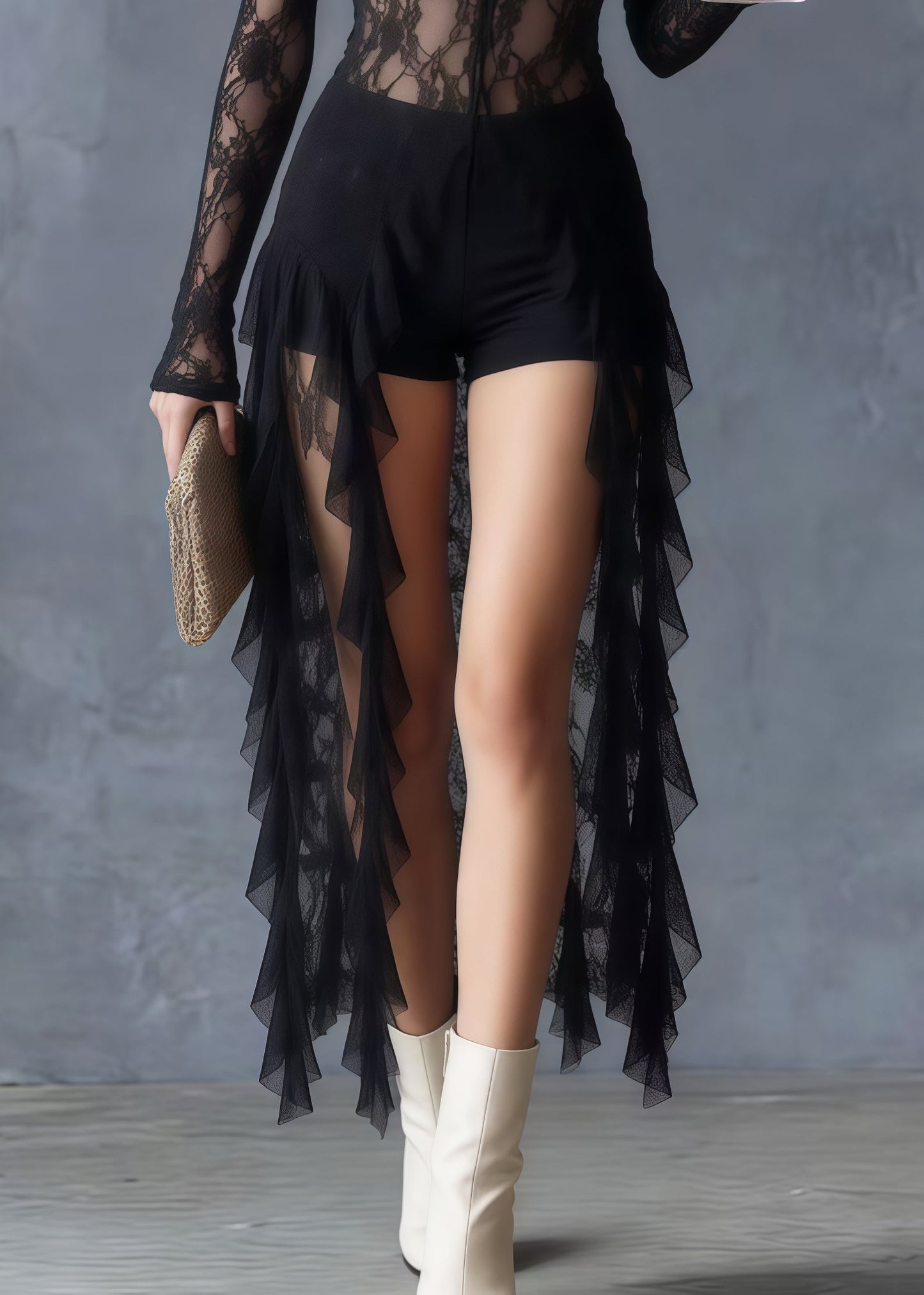 Boho Black Ruffled Sheer Lace Long Tops Summer