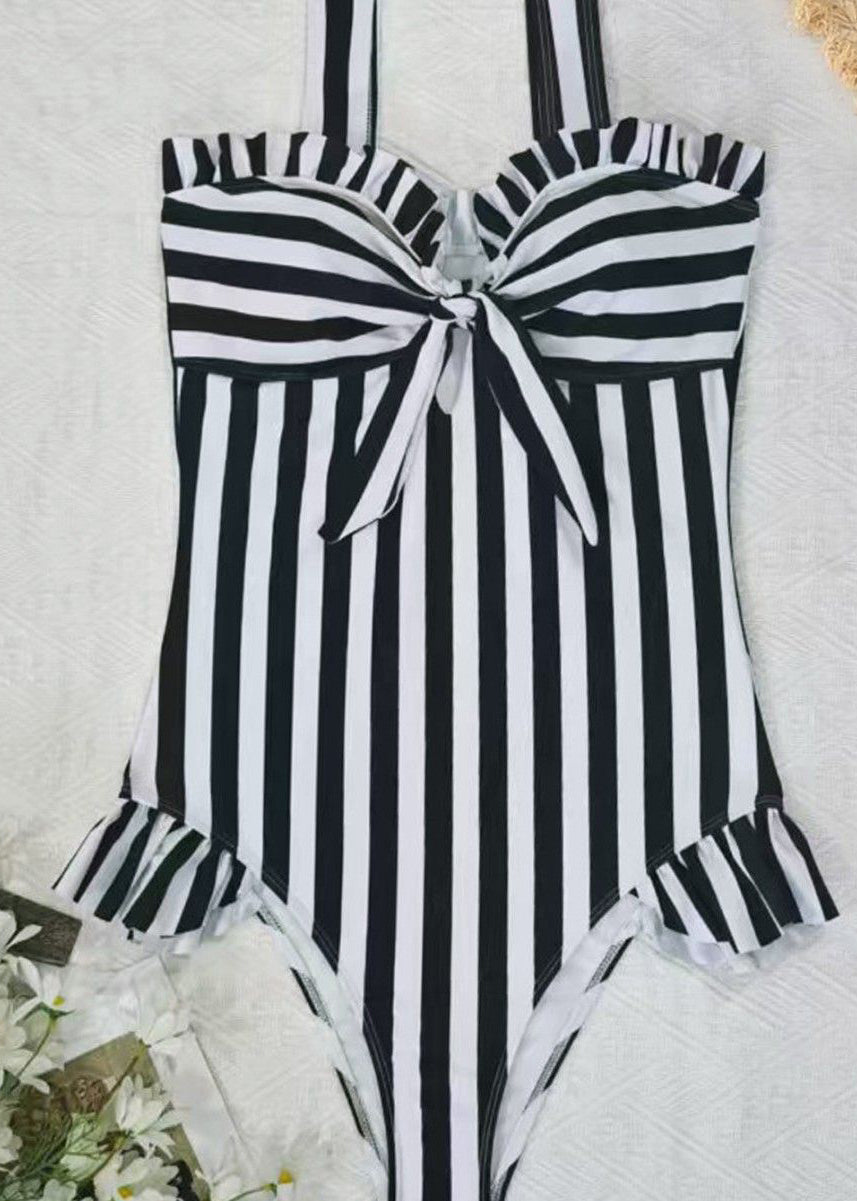 Boho Black Striped Patchwork Tie Lace Bodysuit Swimwear