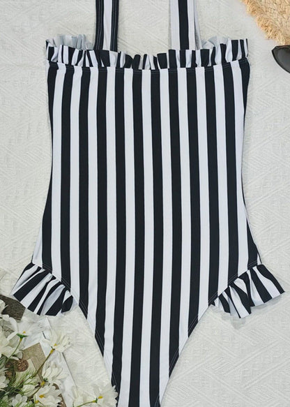 Boho Black Striped Patchwork Tie Lace Bodysuit Swimwear