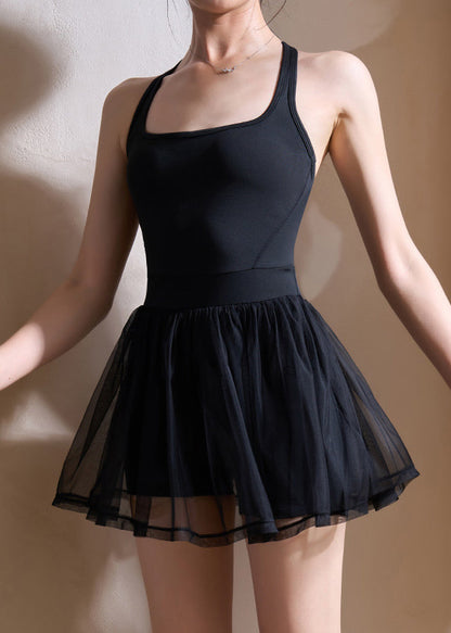 Boho Black Tummy Control Fake Two Piece Sports Dress Summer