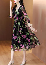Load image into Gallery viewer, Boho Black V Neck Print Drawstring Chiffon Dress Summer