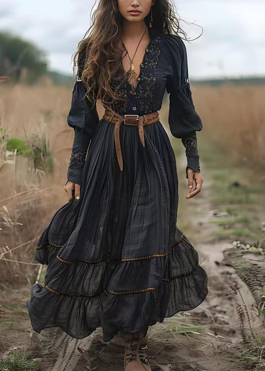 Boho Black V Neck Print Wrinkled Cotton Long Dress Spring