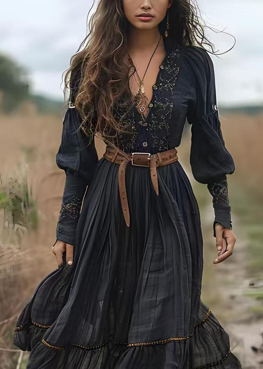 Boho Black V Neck Print Wrinkled Cotton Long Dress Spring