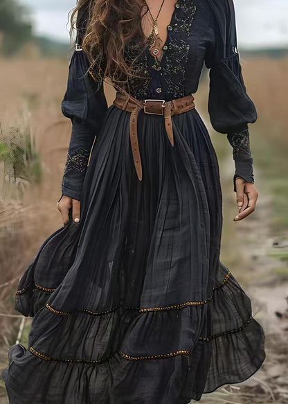 Boho Black V Neck Print Wrinkled Cotton Long Dress Spring