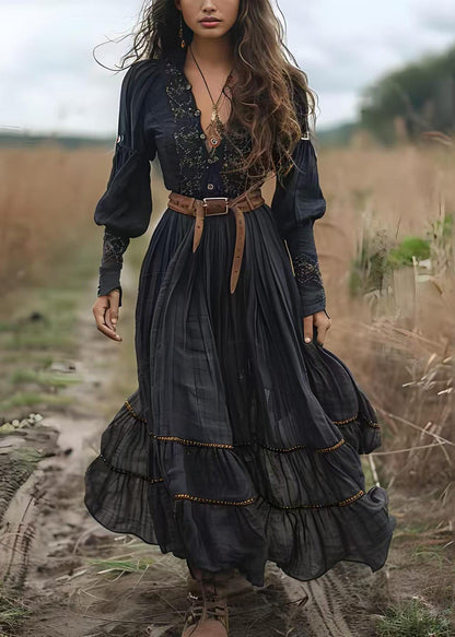 Boho Black V Neck Print Wrinkled Cotton Long Dress Spring