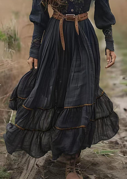 Boho Black V Neck Print Wrinkled Cotton Long Dress Spring