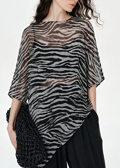 Boho Black Zebra Pattern Asymmetrical Sheer Silk Top Summer