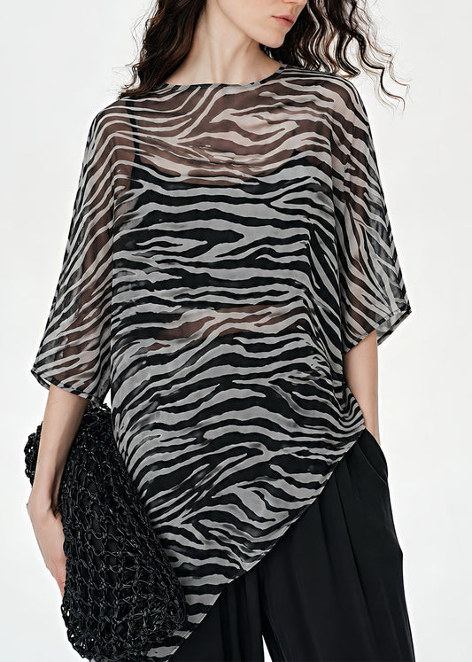 Boho Black Zebra Pattern Asymmetrical Sheer Silk Top Summer