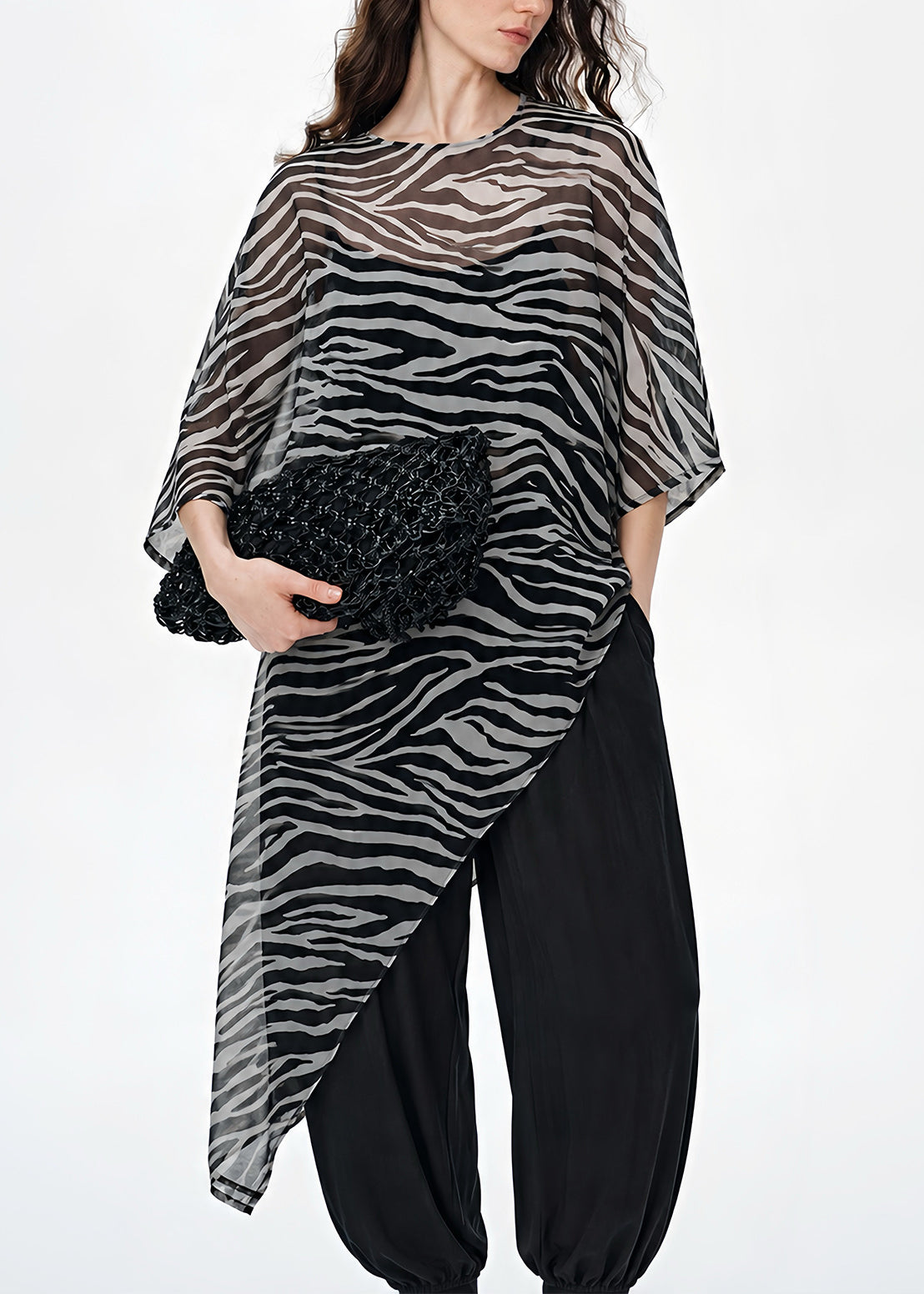 Boho Black Zebra Pattern Asymmetrical Sheer Silk Top Summer