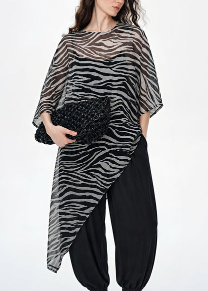 Boho Black Zebra Pattern Asymmetrical Sheer Silk Top Summer