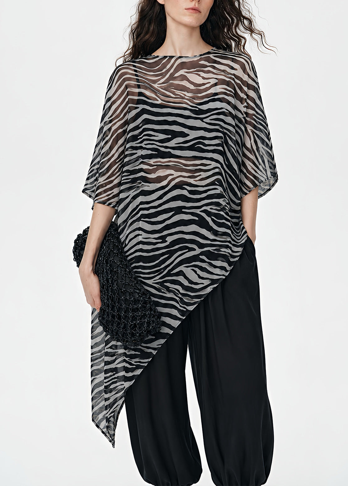 Boho Black Zebra Pattern Asymmetrical Sheer Silk Top Summer