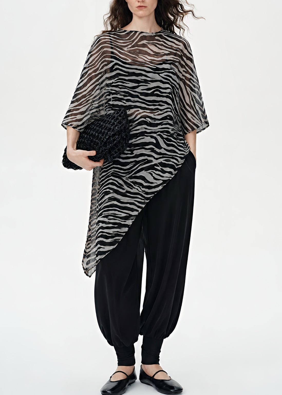 Boho Black Zebra Pattern Asymmetrical Sheer Silk Top Summer