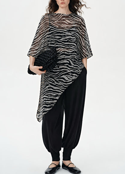 Boho Black Zebra Pattern Asymmetrical Sheer Silk Top Summer