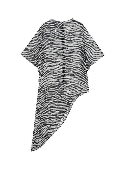 Boho Black Zebra Pattern Asymmetrical Sheer Silk Top Summer