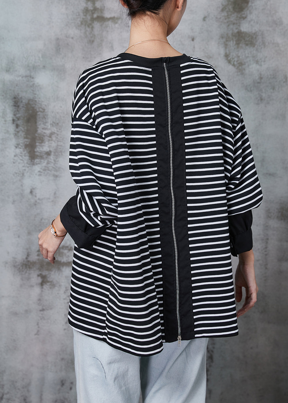 Boho Black Zip Up Striped Cotton Pullover Streetwear Spring