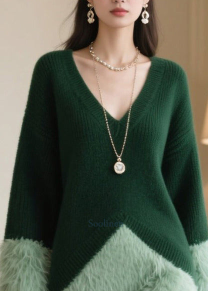Boho Blackish Green Oversized Patchwork Faux Fur Knitwear Dress Winter