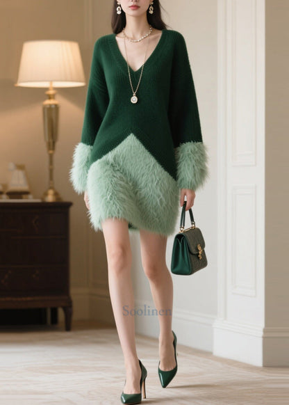 Boho Blackish Green Oversized Patchwork Faux Fur Knitwear Dress Winter