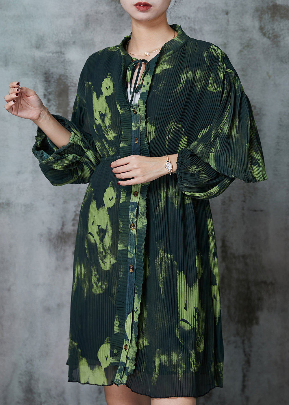 Boho Blackish Green Tie Dye Pleated Dress Spring