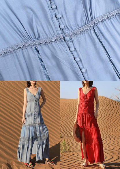 Boho Blue Button Hollow Out Cotton Long Dress Sleeveless