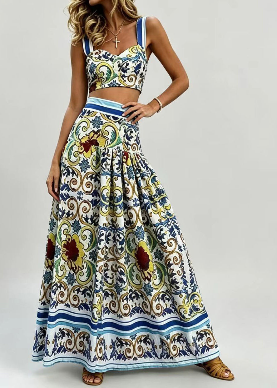 Boho Blue Cami Top And Skirts Print Two Piece Set Sleeveless