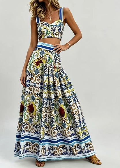 Boho Blue Cami Top And Skirts Print Two Piece Set Sleeveless