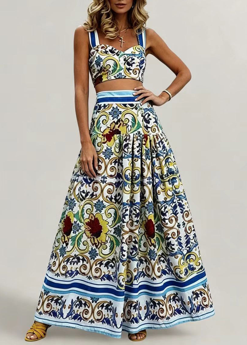 Boho Blue Cami Top And Skirts Print Two Piece Set Sleeveless