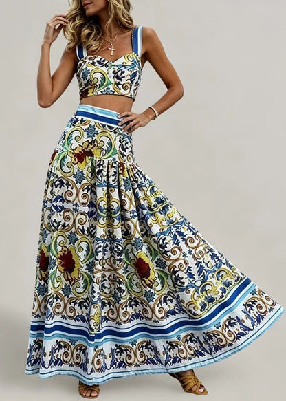 Boho Blue Cami Top And Skirts Print Two Piece Set Sleeveless