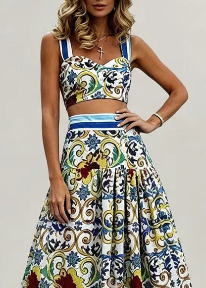 Boho Blue Cami Top And Skirts Print Two Piece Set Sleeveless
