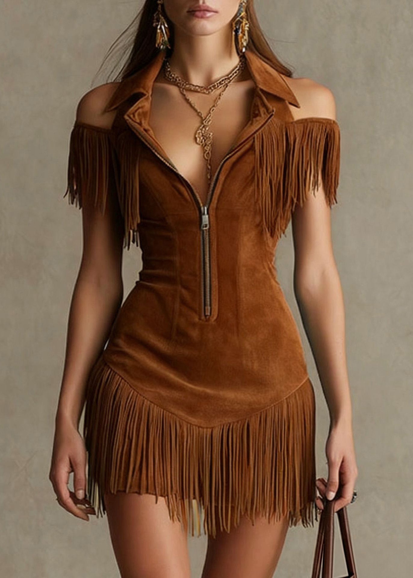 Boho Blue Cold Shoulder Tassel Patchwork Faux Suede Dress Summer