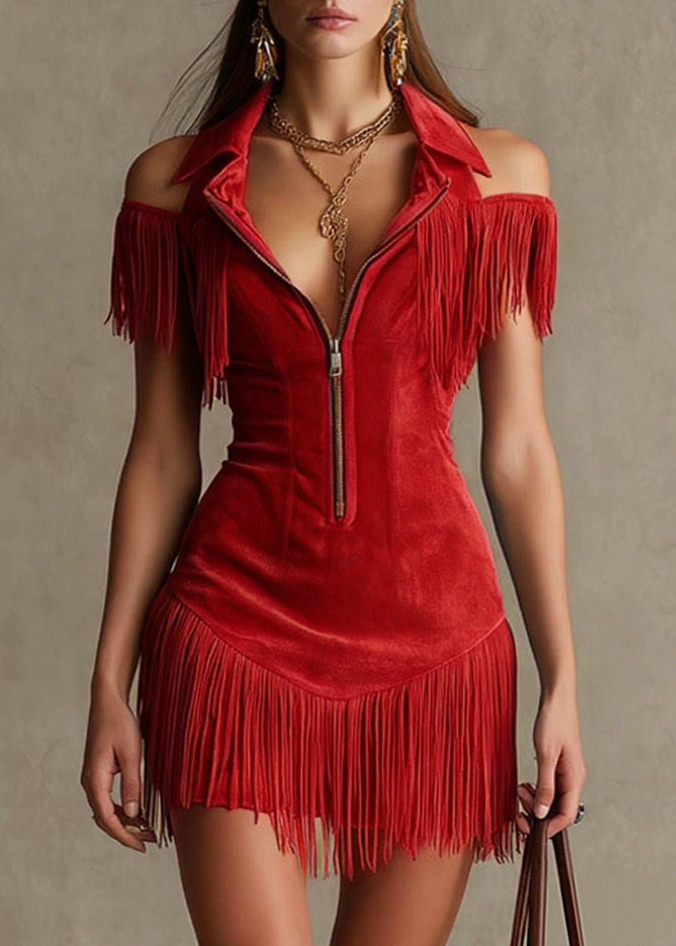 Boho Blue Cold Shoulder Tassel Patchwork Faux Suede Dress Summer
