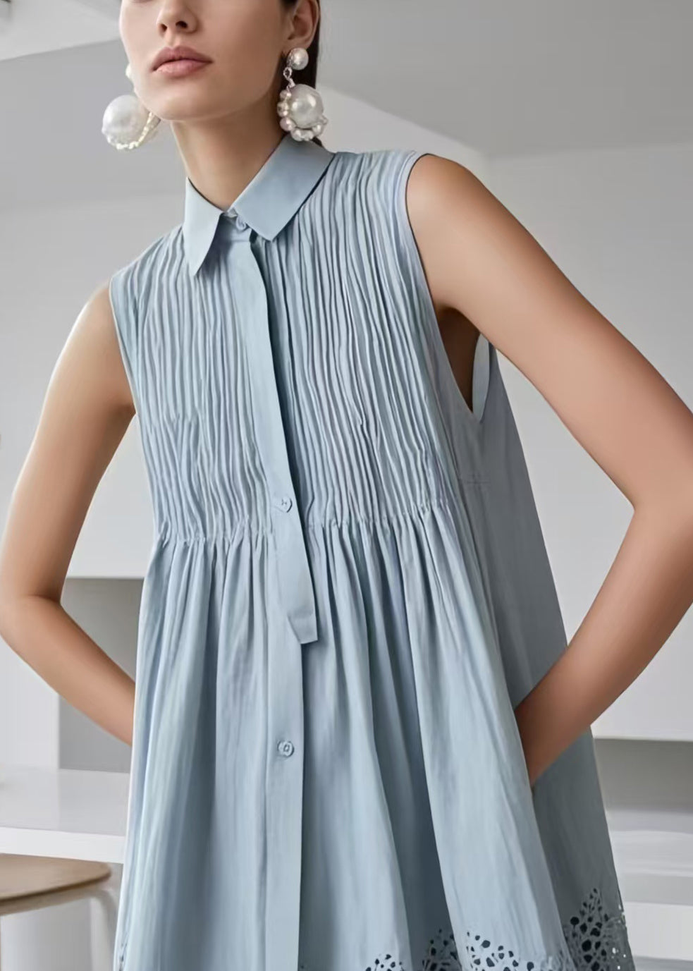 Boho Blue Hollow Out Wrinkled Cotton Tea Dress Sleeveless