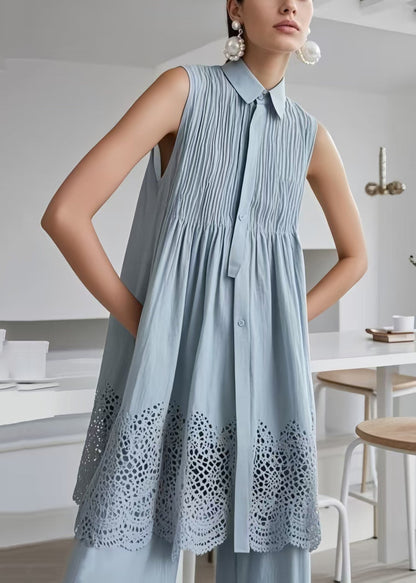 Boho Blue Hollow Out Wrinkled Cotton Tea Dress Sleeveless